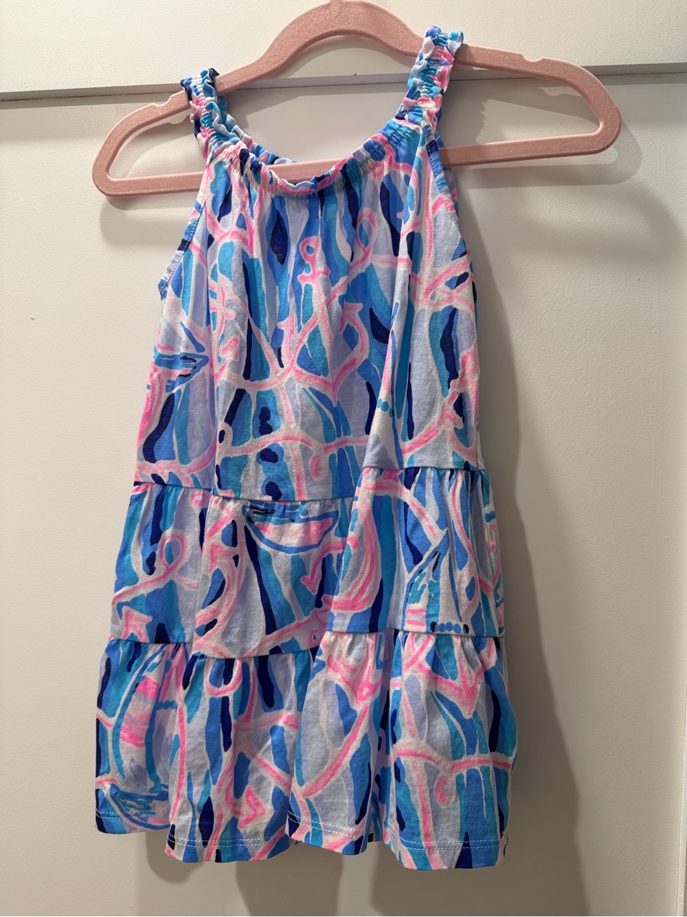 Lilly Pulitzer Girls Pink & Blue Halter Tiered Dress